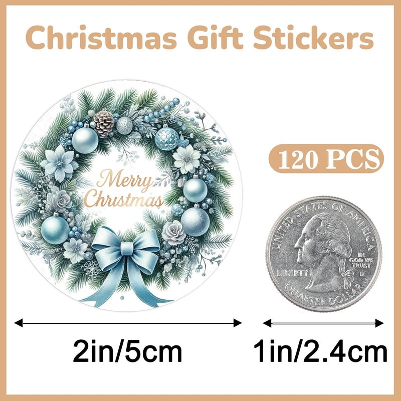 g2plus Merry Christmas Stickers - 120Pcs Blue Christmas Wreath Stickers, 2'' Round Xams Lables for Envelope Seals, Gift Bags, Gift Boxes, Holiday Party Favors - Image 2